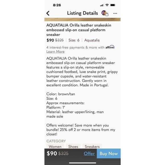 Aquatalia Women's Orilla Size 9 Sneakers Snake Embossed Leather Slip On - Picture 12 of 14